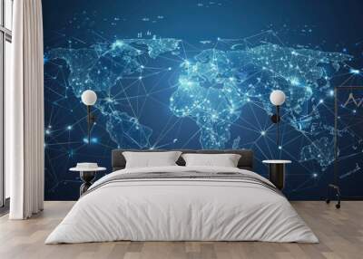 A world map with connecting lines representing global commerce. Wall mural