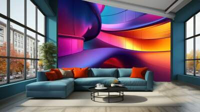 Abstract architecture with flowing, multi-colored gradients illuminating sleek structures, creating a modern and vibrant design. Wall mural