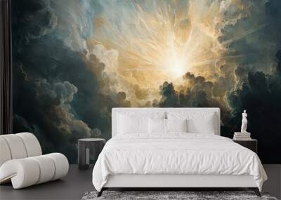 Abstract depiction of light bursting through a dark cloud, representing the arrival of hope and belief Wall mural