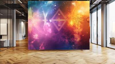 Abstract representation of religious harmony with interwoven symbols, colorful gradients, and radiant light effects Wall mural