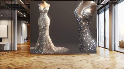 An elegant evening dress with shimmering diamond sequins, beautifully highlighting a full figure against a solid color background. Realistic, very detailed Wall mural