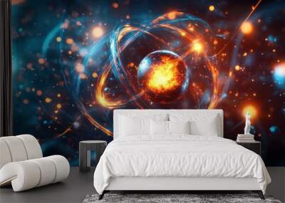 Atomic isotopes in nuclear fission, depicted with particles in motion and energy waves, illustrating the process with a focus on scientific accuracy on an isolated background Wall mural