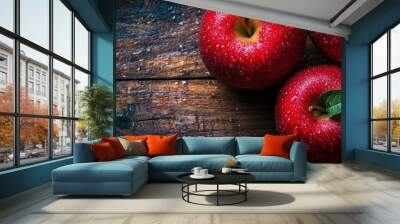 Bright red apples with water droplets placed on a luxurious wooden background, creating a fresh and inviting scene with space for text Wall mural