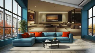 Contemporary living room design with a modular sofa facing a media wall, enhanced by subtle recessed lighting. Wall mural