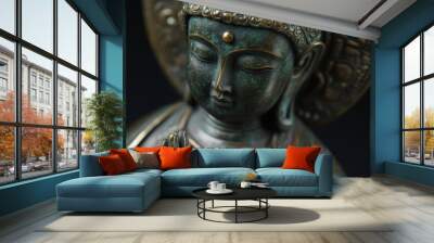 Detailed view of a bronze spiritual figure, showcasing artistic craftsmanship and deep spiritual meaning. Wall mural