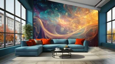 Ethereal abstract design incorporating symbols of major religions, with flowing light patterns and serene colors Wall mural