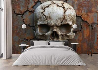 Grunge skull with deep cracks and decayed bone structure, set against a rusty metal background with harsh lighting. Realistic Wall mural