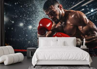 Intense action shot of a boxing fighter in the ring, focused and determined, capturing raw strength and power. Wall mural