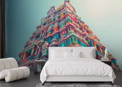 Majestic Hindu temple with intricate carvings and vibrant colors, set against a clear blue sky. Wall mural