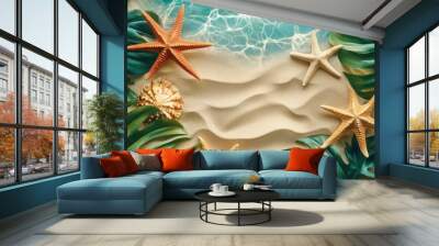 Top-down view of tropical beach sand with vibrant starfish and leaves, evoking a peaceful seaside scene. Wall mural