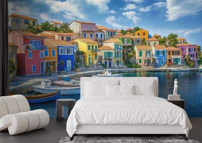 Vibrant, multicolored houses in a picturesque seaside village, with fishing boats anchored in the harbor. Wall mural