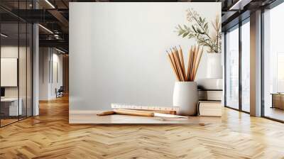 School desk with scattered pencils, rulers, and books, 3D illustration Wall mural