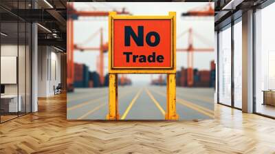  Cranes unable to load cargo onto ships, surrounded by No Trade signs, export blockade, shipping restrictions. Wall mural