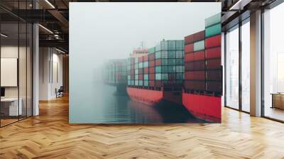 Cargo ships stuck at a harbor due to trade restrictions, foggy horizon, shipping blockade, import export crisis. Wall mural