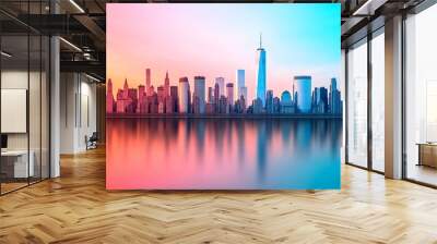 Cityscape silhouette against a vibrant sunset sky. Wall mural