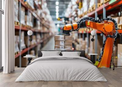 Closeup of robotic arms stacking packages in an organized warehouse aisle, robotics in warehouse, automation efficiency Wall mural