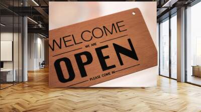 A sign hanging off Coffee shop door,Close sign blur background,Label word close Wall mural