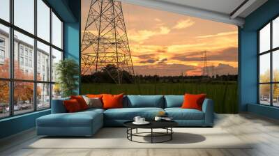 High-power pylon with sunset Wall mural