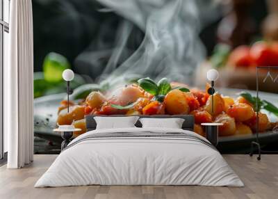 plate of steaming homemade gnocchi, topped with a rich tomato sauce and basil leaves Wall mural