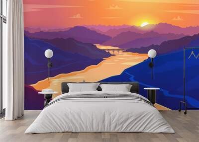 Sunset landscape. Vector illustration. Wall mural