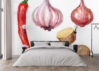 Watercolor vegetables set with garlic potato onion pepper Wall mural