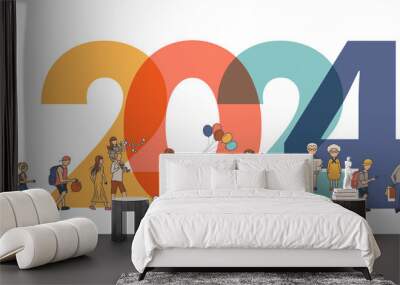 2024 New year with New normal lifestyle ideas concept. People in flat big letters design Wall mural