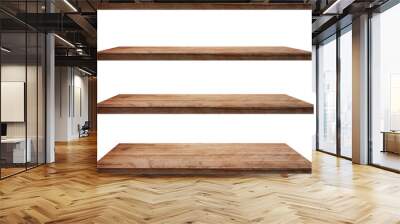 collection of wooden shelves on an isolated  Wall mural