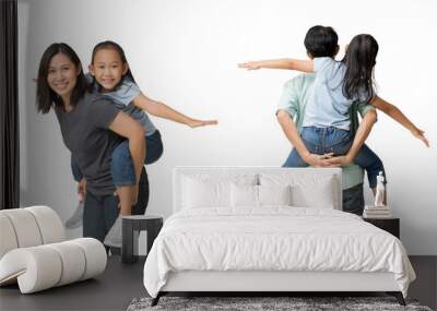 Happy asian family of father, mother and daughter hug spread out your arms, isolated on white background Wall mural