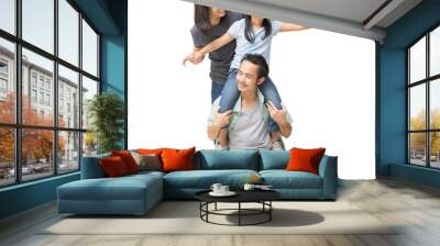 Happy smiling young asian family with neck playing sitting on floor and have a fun time together, Full body isolated background Wall mural