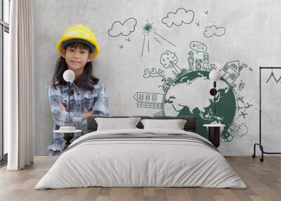 Little girl engineering with creative drawing on world map environment with happy family, eco friendly, save energy, against a brick wall Wall mural