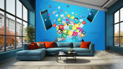 Tablet computer with mobile phones cloud application icon Wall mural