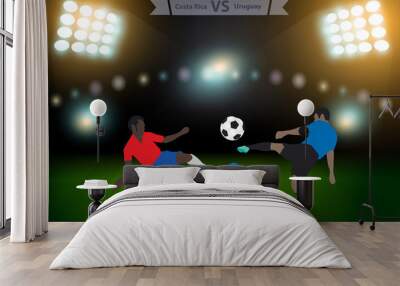 Two football players in jump to strike the ball at the stadium, Wall mural