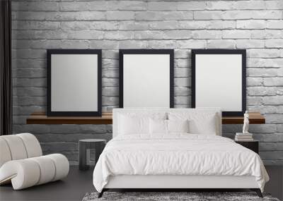 Vector mock up three blank frame on wood shelf with white brick wall, Loft workspace concept Wall mural