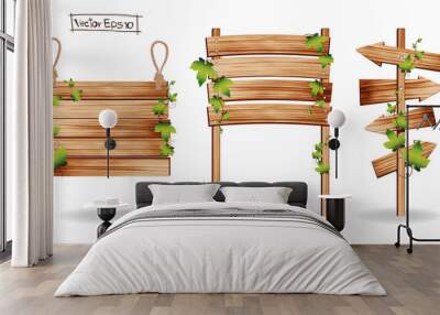 vector wooden signs with green leaves Wall mural