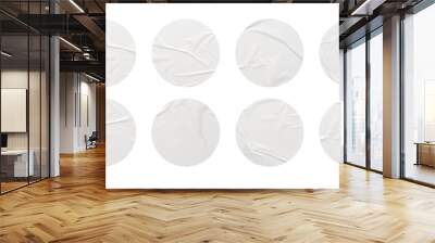 White stickers mockup. Blank labels of different shapes, circle wrinkled paper emblems. Copy space. Stickers or patches for preview tags, labels Wall mural