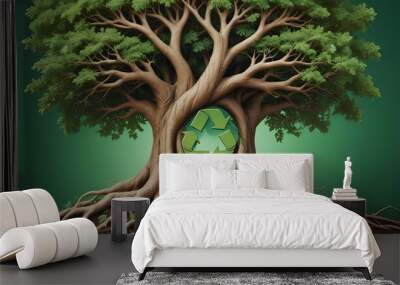 A green tree with a recycling symbol, representing environmental conservation and sustainability Wall mural