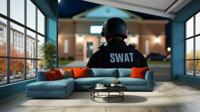 A swat team officer standing in front of a public building at night Wall mural