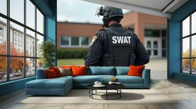 A swat team officer standing in front of a school Wall mural