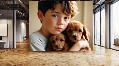 A young boy hugging a puppy with an affectionate expression in a sunlit room  Wall mural