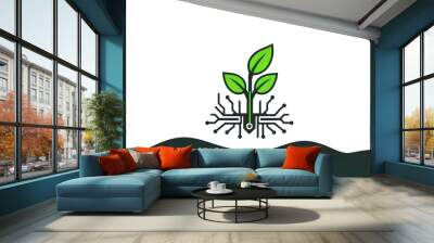 Agriculture tech icon with a stylized plant and circuit board design, isolated on a white background Wall mural