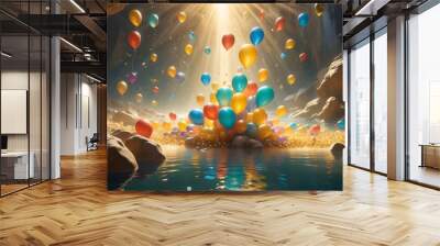 Anniversary Balloon Backdrop: Abstract shiny balloons and confetti with light bokeh effect for all occasions. Wall mural