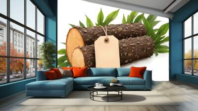 Logs green leaves and price tag representing affordable biomass energy Wall mural