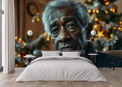 Lonely sad senior elderly black man sitting alone at christmas time, isolation solitude and loneliness concept Wall mural