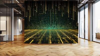 Luminous chrome and gold cyber-themed backdrop with a grid of glowing circuit board patterns and floating neon data visualizations Wall mural