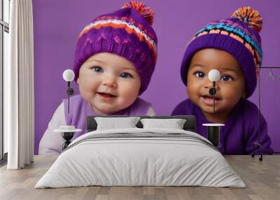 Multiethnic babies dressed in diverse colours on an isolated purple background with copy space, representing multi ethnic friendship and diversity banner poster header design Wall mural