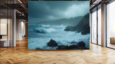 stormy ocean waves crashing against rocky cliffs under dark, ominous clouds background wallpaper Wall mural