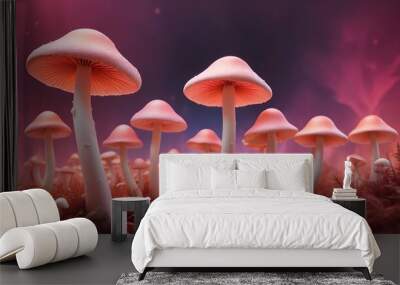 Surreal magical forest of glowing mushrooms fungus toadstools background header banner design poster Wall mural