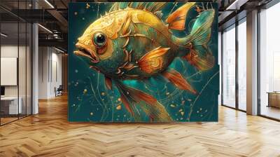 Golden Blue Neon Tetra Fish Art Wallpaper ~ Created With Generative AI. Wall mural