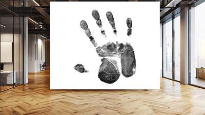 Black prints of hand on transparent paper. Black handprint. Isolated on white. Wall mural