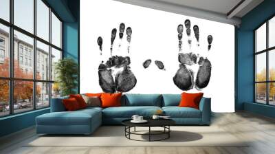 Black prints of hand on transparent paper. Black handprint. Isolated on white. Wall mural